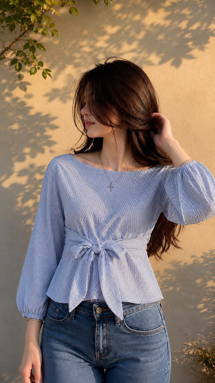 elegant blue tie knot peplum top for women full sleeve casual western blouse